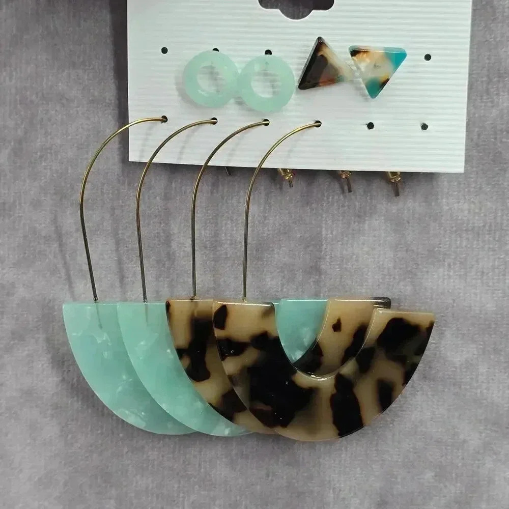 Green Brown Dangle Hoop Resin Stud Set of Four Boho Earring Fashion Jewelry